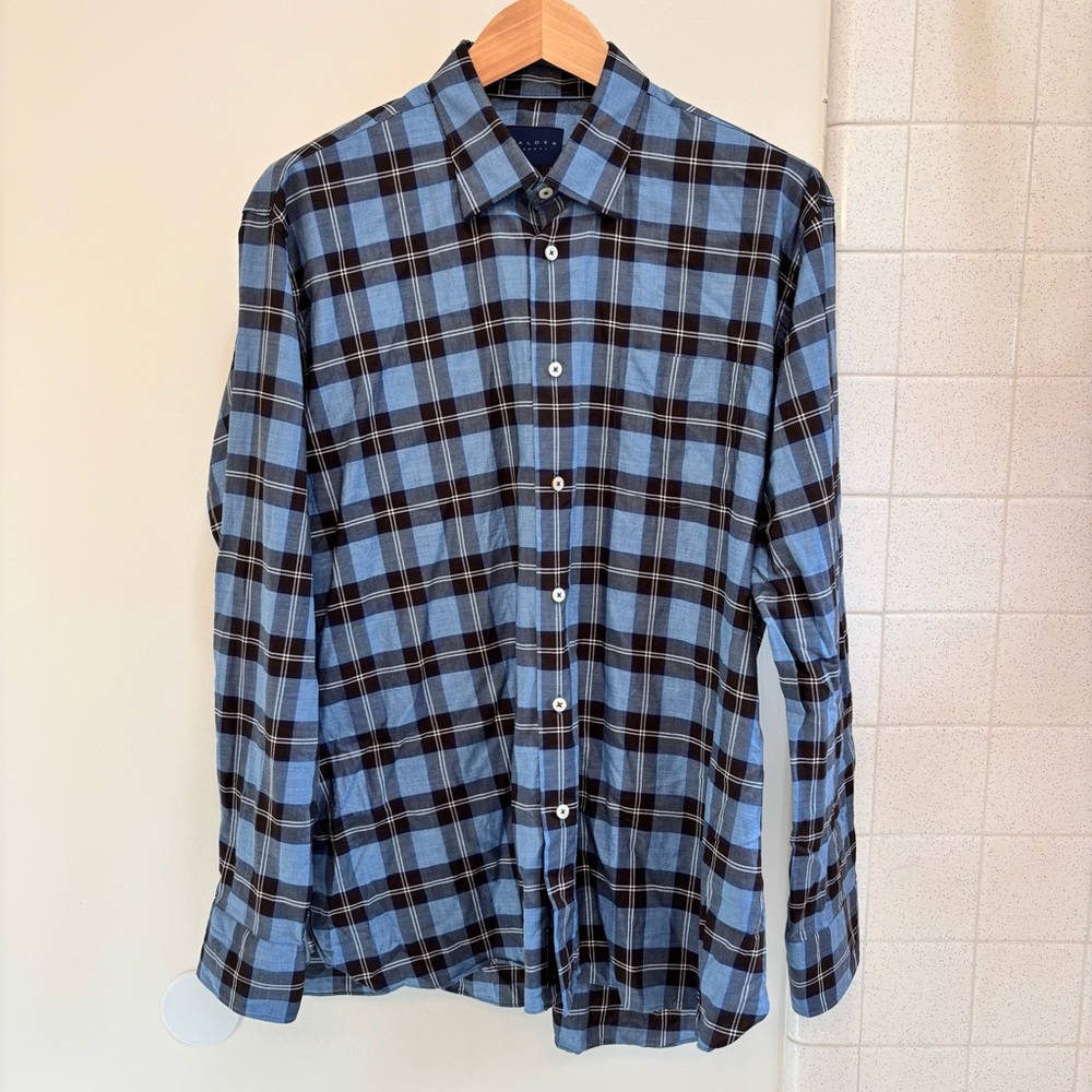 Calder Carmel Men's Cotton Blue Plaid Button-Down Shirt Size XL Quiet Luxury